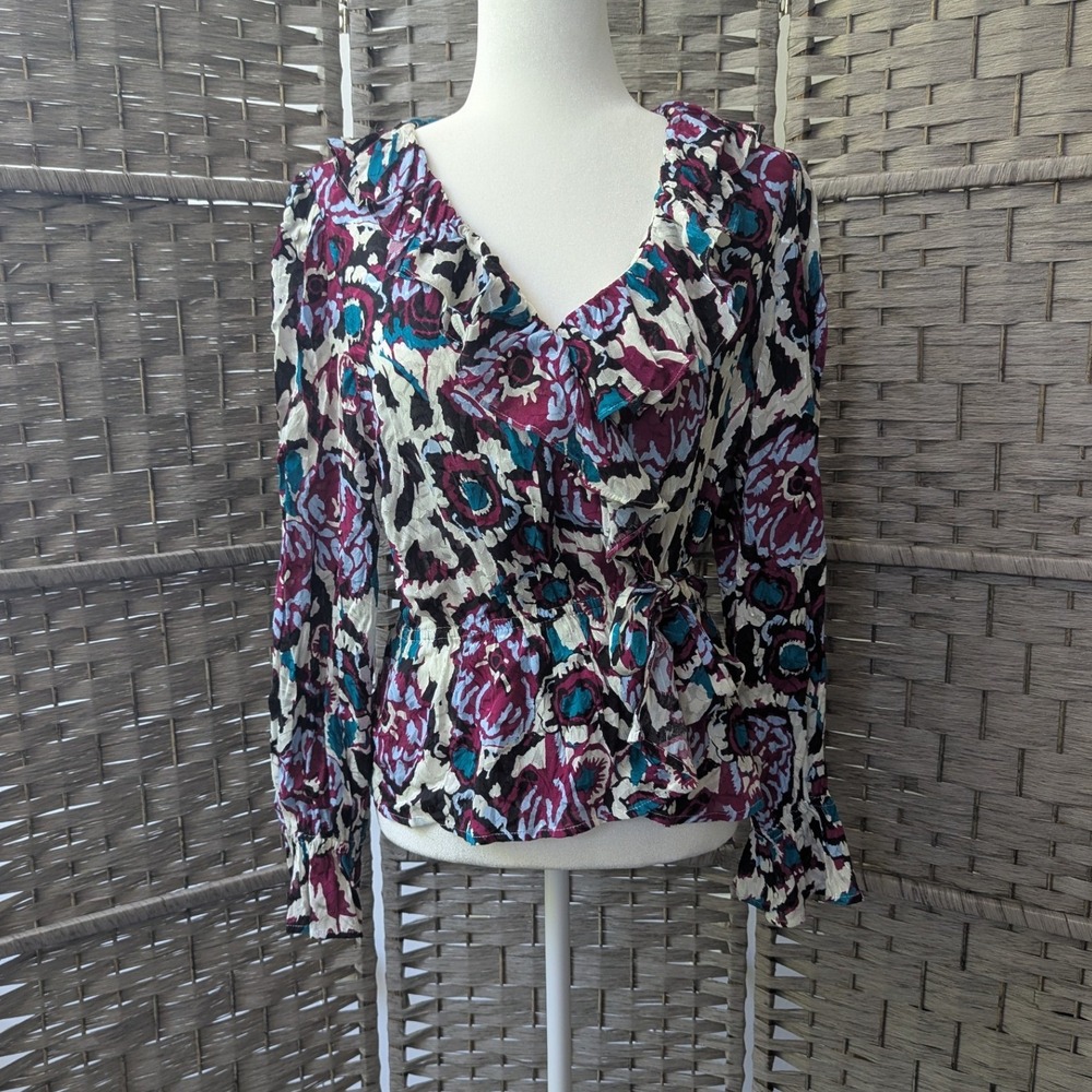 Ba&sh Wrap Blouse Multicolor Floral Ruffle Peplum Top Sz M Feminine Chic